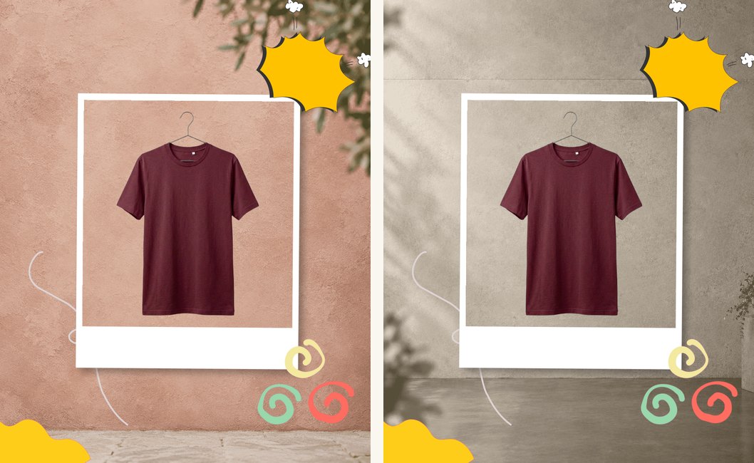 The same maroon shirt placed on two different backgrounds, identical in size and position.