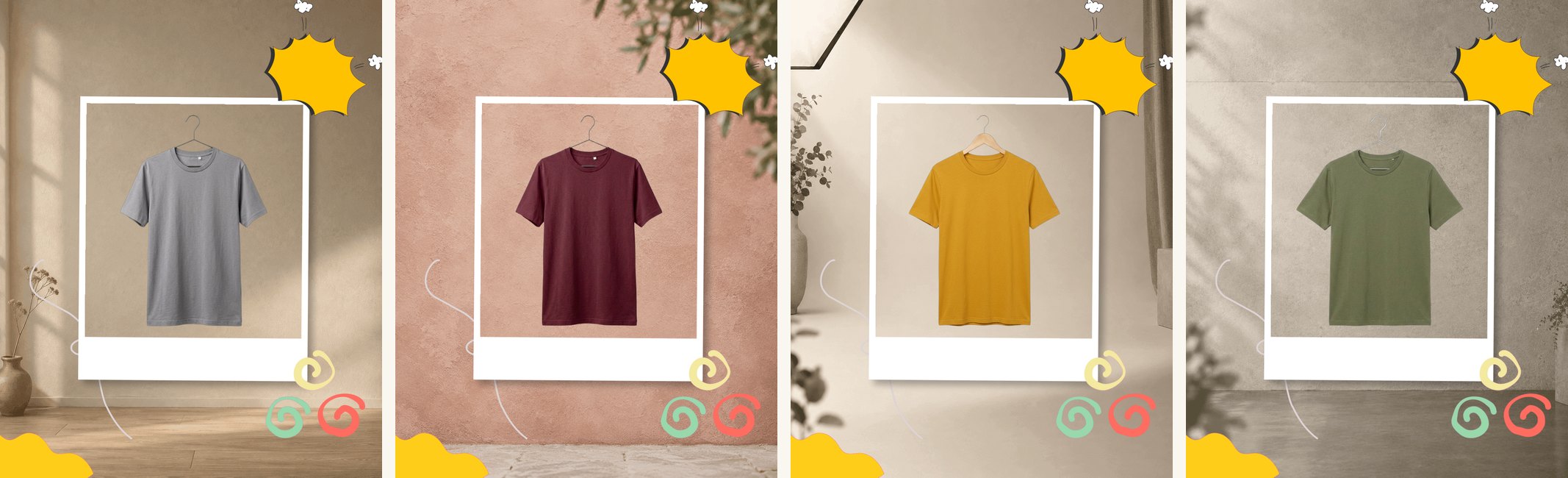 Four Instagram posts: the same printed-card template over four different backgrounds, each holding a different shirt.