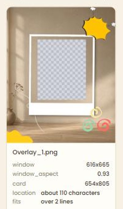 Tessera showing a newly uploaded template with its measurements: window 616x665, card 654x805, about 110 characters over 2 lines.